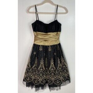 Vtg Y2K Dress 3/4 Black Gold Floral Mini Babydoll Whimsigoth Fairygrunge Mesh